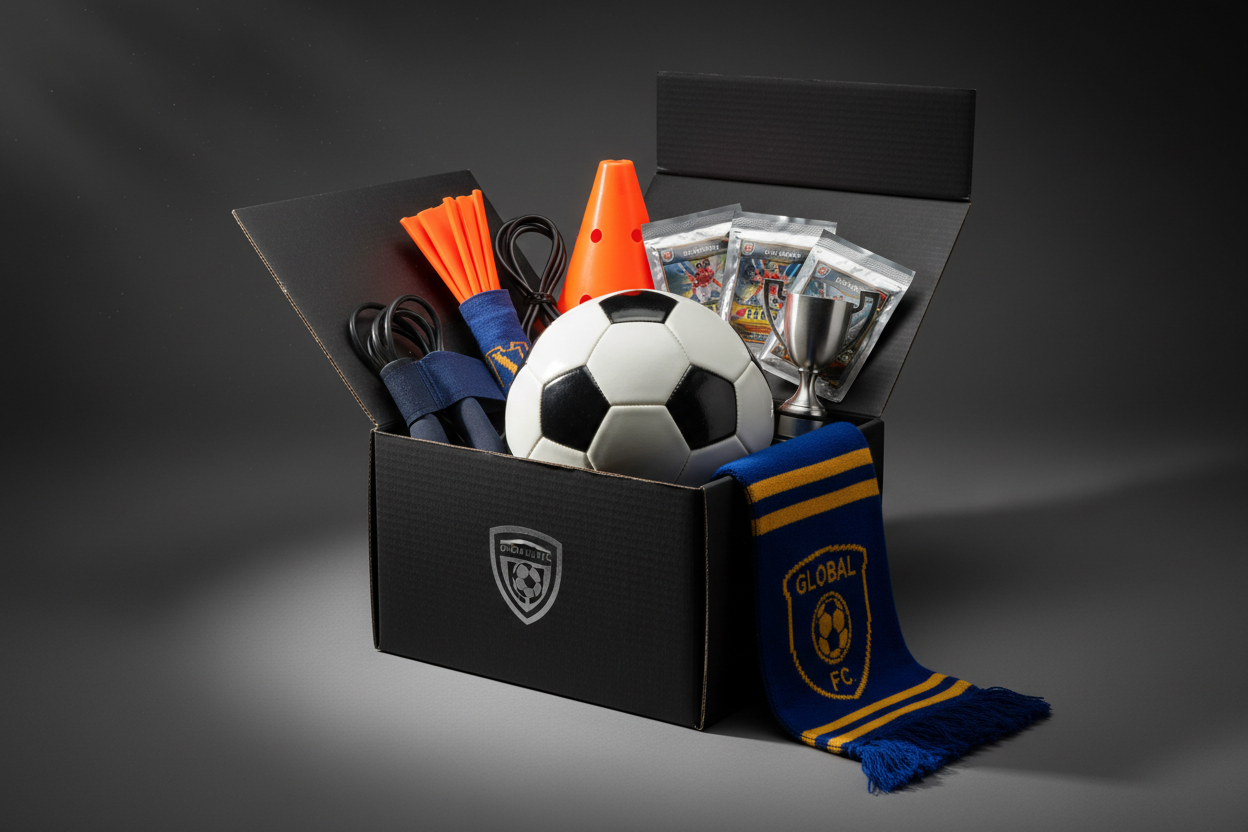 Fußball-Fanbox von Leo M. mit Barcelona- und Argentinien-Design, enthält Fanartikel, auf der Fußball-Box abgebildet