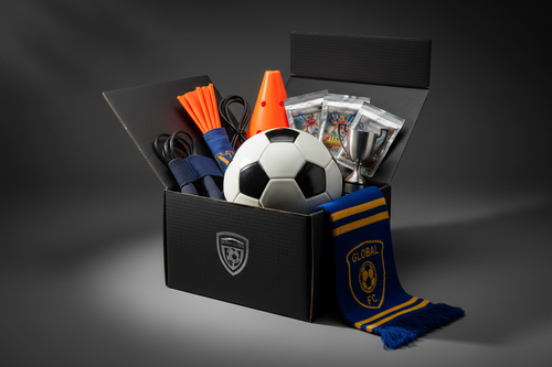 Fußball-Fanbox von Leo M. mit Barcelona- und Argentinien-Design, enthält Fanartikel, auf der Fußball-Box abgebildet